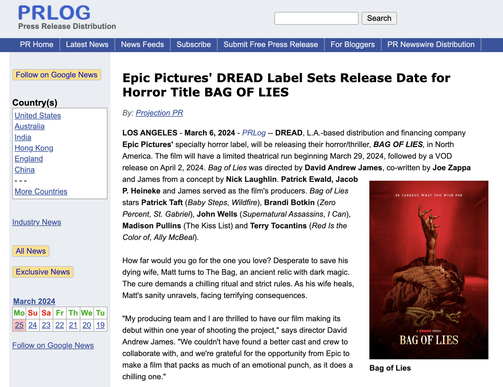 Epic Pictures' DREAD Label Sets Release Date for Horror Title BAG OF LIES